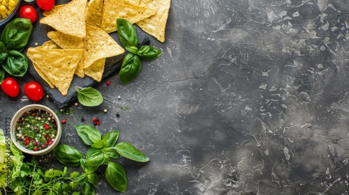 Fresh tortilla chips with herbs and tomatoes on dark background