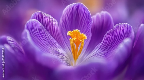 A vibrant purple crocus flower, photographed from above with a macro lens, showing fine petal details.