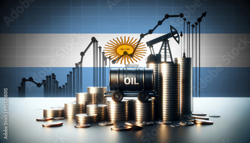 Stacks of coins with oil barrels and a pumpjack against the Argentina flag, symbolizing the economic impact of the oil industry on economy and financial markets.