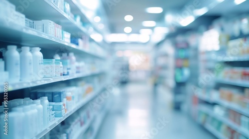 Blurred Pharmacy Aisle with Rows of Products