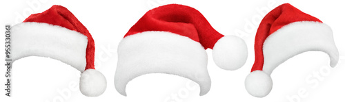 Set of Santa Claus red hat or Christmas red cap isolated on transparent background