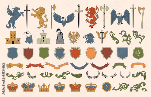 Heraldic. Elements collection for heraldic badges design stylized pictures of weapons shields fantasy animals lions and dragons recent vetor set