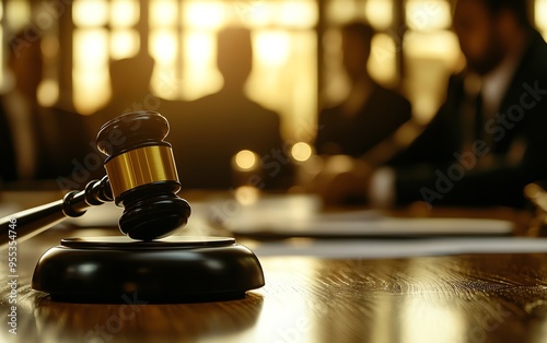 Gavel on a desk in a boardroom with silhouetted people in the background, symbolizing law, justice, and decision making.