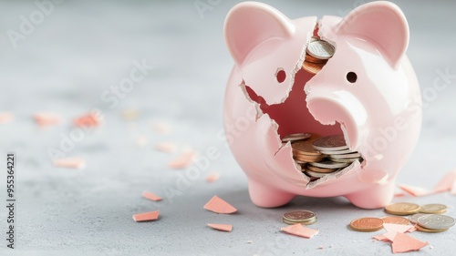 A broken piggy bank with scattered coins, symbolizing savings, financial loss, and unexpected expenses.