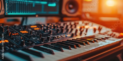 synthesizer and audio interface in a modern music studio, showcasing creativity and sound design.