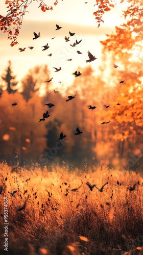 A serene autumn scene featuring a flock of birds in flight over golden grass and vibrant fall foliage.