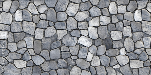 Seamless gray cobblestone wall or road background texture. Tileable grungy natural rock and stone shaped path or walkway repeat surface pattern. A high resolution construction backdrop 3D rendering.