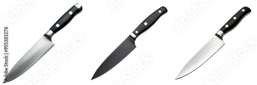 set of professional chef knife with black handle on a transparent background