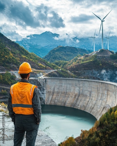 A construction worker observes a large dam surrounded by mountains and wind turbines, highlighting renewable energy efforts.