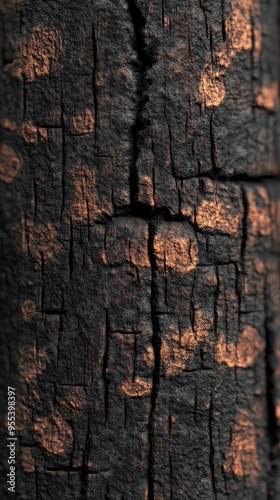 Textured surface of burnt wood reveals intricate patterns and cracks resulting from exposure to flames in a forest environment