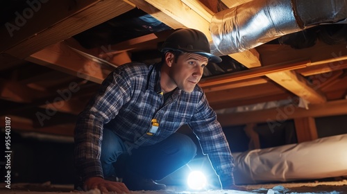 A man inspects an attic space using a flashlight while wearing a hard hat and checking the structure for damage and safety