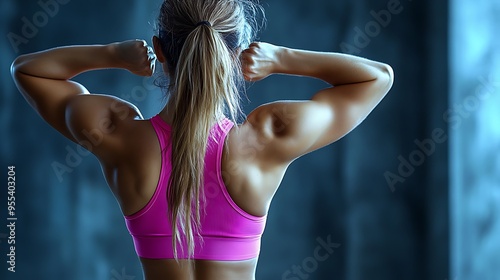 A close-up rear view of a female athlete flexing her back muscles, showing the strong definition and symmetry of her lats and shoulders, captured with natural light to highlight every contour,