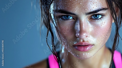 A detailed close-up of a female athlete’s brow furrowed in concentration, with sweat beads forming, natural light highlighting the texture and lines,