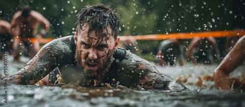 A man competing in a grueling sport competition muddy water mud on face agonizing pain