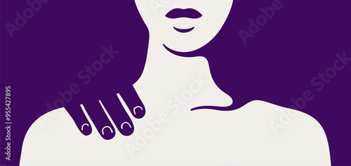 Stop Violence against women banner with silhouette strong woman and male hand on her shoulder. Domestic abuse and sexual harassment. Vector illustration