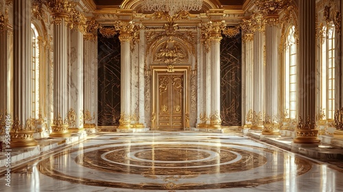 Gold marble interior of a royal palace, lavish and luxurious.