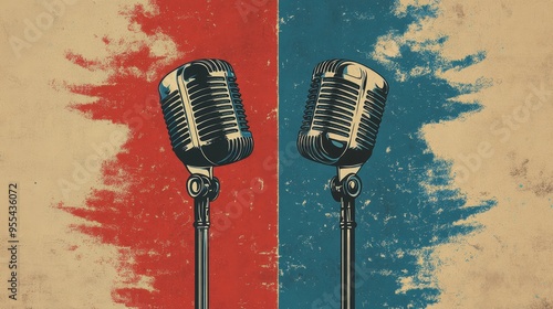 Vintage poster depicting classic microphones for Republican and Democrat debates in public discourse