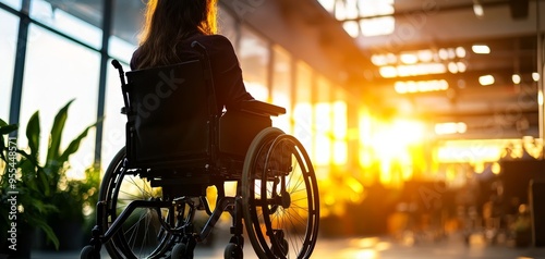 Businesswoman using a wheelchair in a modern, open office space, promoting inclusivity, accessibility, and equality in the workplace