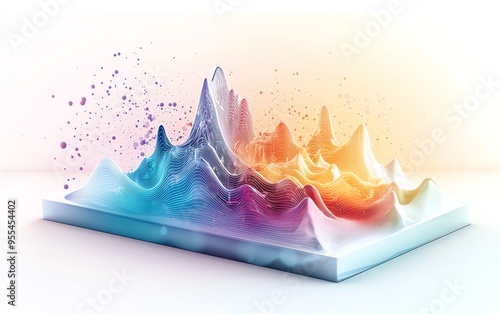 Vibrant 3D data visualization art with colorful peaks representing abstract statistical data, blending science and creativity on a white background.