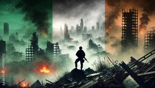 A lone soldier surveys a city in ruins, with the Irish flag faintly overlaying the scene, representing the courage and determination of forces in times of war.