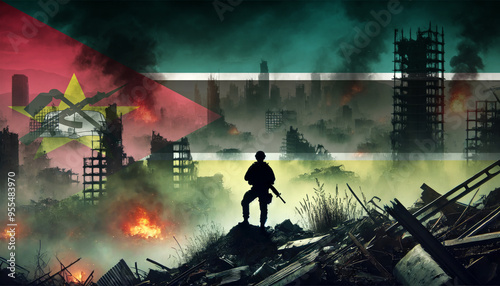 A lone soldier surveys a city in ruins, with the Mozambique flag faintly overlaying the scene, representing the courage and determination of forces in times of war.