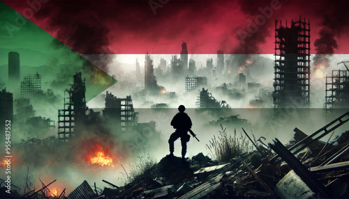 A lone soldier surveys a city in ruins, with the Sudan flag faintly overlaying the scene, representing the courage and determination of forces in times of war.