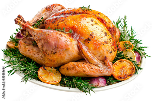 The turkey is garnished with sprigs of fresh rosemary, slices of vibrant oranges, evoking the warm and festive spirit of Thanksgiving