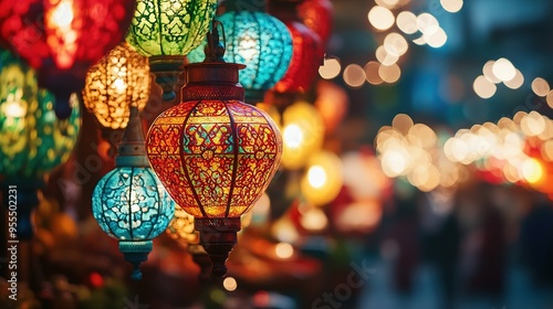 Vibrant traditional lanterns glowing brightly in a night market with colorful background lights