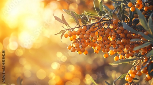 A sea buckthorn bush illuminated by the soft light of the setting sun, with the berries glowing in the warm light