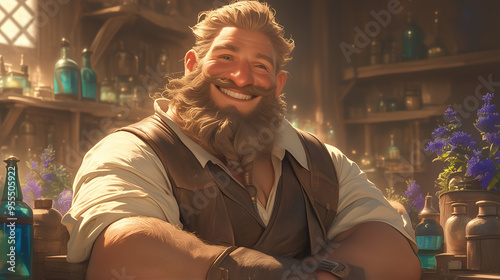 jovial dwarf innkeeper with a welcoming smile, surrounded by warm lighting and rustic decor in a cozy tavern