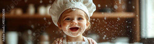 A joyful toddler in a chef hat covered in flour, celebrating a baking mess