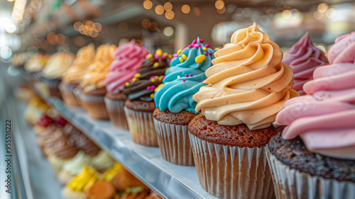 Colorful cupcakes in a bakery glass display.