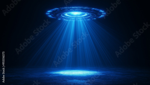 Unidentified flying object hovering at night emitting light beams