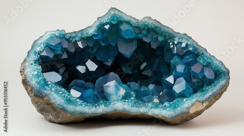 Raw blue celestite crystal geode showing sparkling crystals