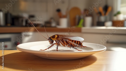 Close-up of a cockroach standing on a plate in a modern kitchen setting