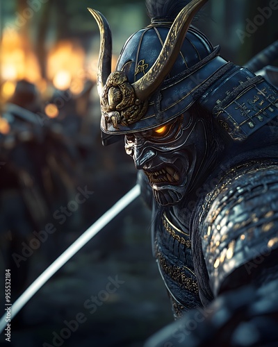 A fantasy wallpaper featuring a devil incarnation of a armored Japanese samurai wielding a Japanese sword