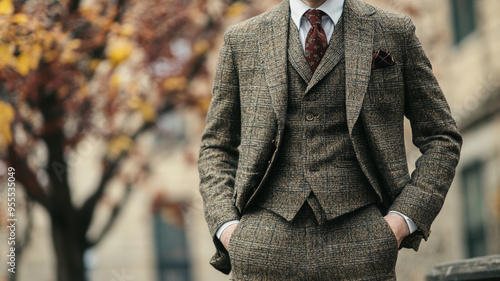 Vintage Elegance: Dapper Gentleman in Three-Piece Suit, Classic Menswear Style, Outdoor Setting, Golden Hour Lighting for Fashion, Wedding, and Period Drama Imagery