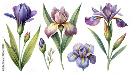 Set of floral clipart: flowers and buds of purple iris. The set is perfect for invitations, cards, packaging design and other creative projects.