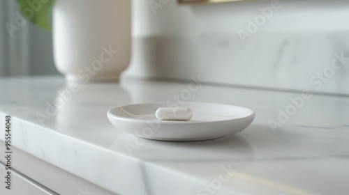 White ceramic soap dish with a bar of soap on a marble countertop.