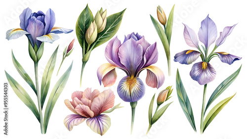 Flower clipart: flowers and buds of blue and pink iris. The set is perfect for invitations, cards, packaging design and other creative projects.