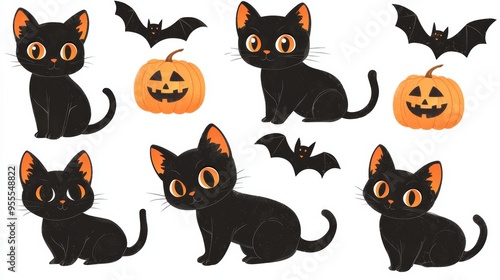 Decorative Halloween black kitten cat with bat and pumpkins Jack-o-Lantern style illustration, PNG clipart die cut isolated transparent