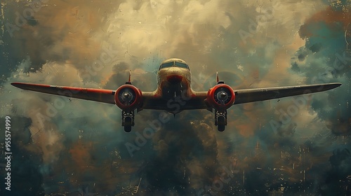 A vintage airplane soars through the clouds, its powerful engines propelling it forward. The plane is bathed in a warm, golden light, giving it a nostalgic feel.