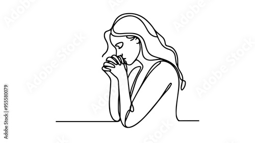 christian woman praying single line illustration vector