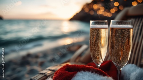 Two champagne glasses are set on a beachside table with a scenic sunset view in the background, adorned with festive decorations, creating a romantic holiday mood.