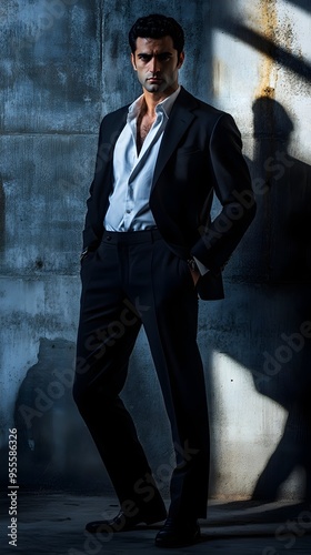 Full length Portrait of Confident Character in Impeccable Tailoring with Severe Expression on Sleek