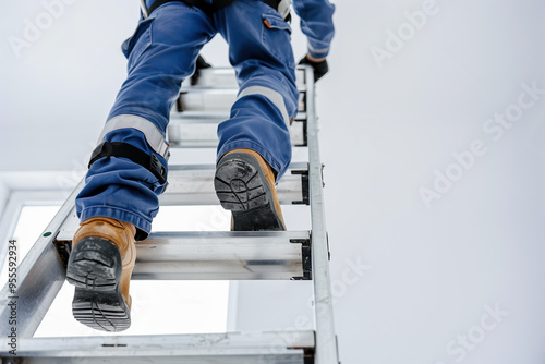 Construction worker climbing a ladder in safety gear, showcasing focus on protective clothing and secure work environment