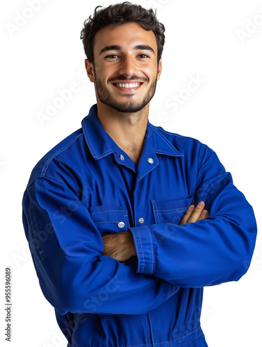 Smiling worker in blue uniform crossing arms, confident expression