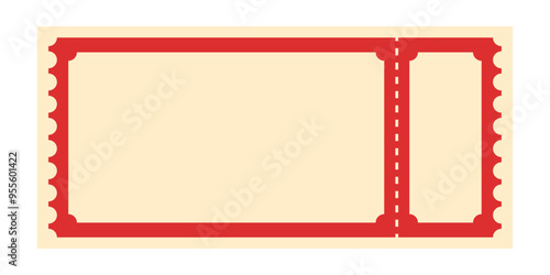 Vintage ticket. Red vector ticket illustration. Empty, blank theater, festival, circus, concert, event, movie, party, raffle ticket design template. No text. Vector old school, retro admit one ticket.