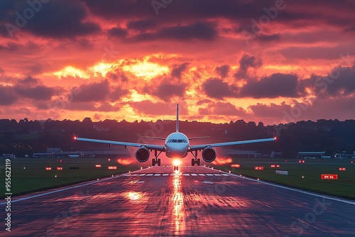 "Airplane Touching Down on a Runway at Sunset with Vivid Skies and Clear Markings"