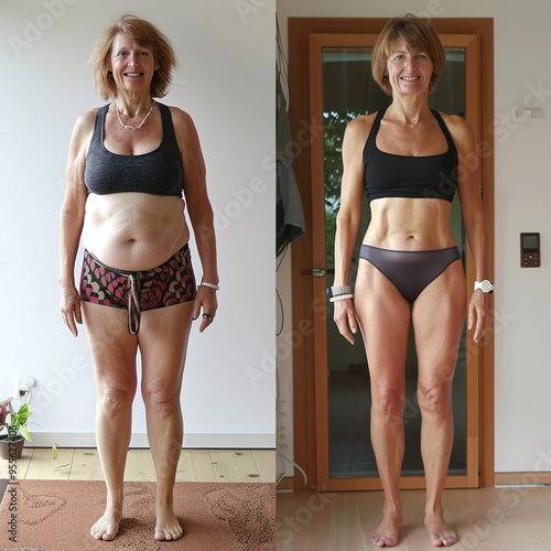 Before and after weight loss transformation of mature woman. Fitness results, body transformation, and healthy lifestyle. For wellness programs, fitness promotions, or personal growth stories.